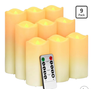 lot 3857 image: Flickering Flameless Candles, Realistic Battery Operated Candle with Timer, 18 AA Batteries Included, Set of 9 Outdoor Indoor Decor with 10-Key Remote LED Flameless Candle, Birthday Gifts for Him, Her - Retail $0