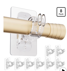 lot 3863 image: No Drill Curtain Rod Bracket Holders, (8 Pack) Adjustable Self Adhesive Curtain Hooks, No-Nail Stick on Wall Curtain Rod Hangers for Bathroom Bedroom Kitchen and Livingroom - Retail $0