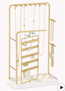 lot 3867 image: Lolalet Jewelry Organizer Stand, No Assembly Needed Display Storage with Rotating Earring Holder for Room Dorm Decor Necklace Bracelet Rings, Gifts for Mom Women Girls Mothers Day -Gold - Retail $0