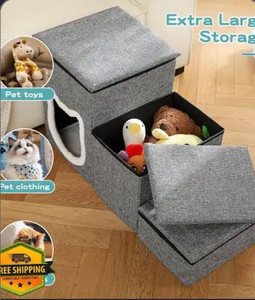 lot 3870 image: Crispedia Dog Stairs with Storage, Foldable Dog Steps for Bed, Non-Slip Pet Steps for Small Dogs, Collapsible Sturdy Pet Ramp for Small or Large Dogs, Hold Up to 200 lbs (28.5x17x16.5 inch, Grey, 3) - Retail $0