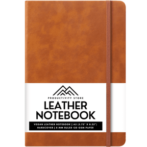 lot 3871 image: PRODUCTIVITY STORE Leather Notebook & Journal  A5 5  x 8  Hardcover Vegan Leather Notebook With Thick Premium 120gsm Ruled Lined Paper  Notebook For Writers  Executives & Students  Leather - Retail $20