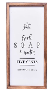 lot 3872 image: House Bathroom Decor - Modern Rustic Wall Art Home Decor - Fresh Soap and Water - Cute and Funny Solid Wood Framed Printed Sign for Bath, Toilet, Restroom, Half Bath, Decoration - 8x17 Inches - Retail $0