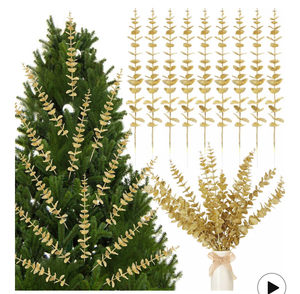 lot 3874 image: Suncalla 24 Pcs Christmas Tree Picks and Sprays Glitter Gold Eucalyptus Leaves Stems 15.8 Artificial Picks for Christmas Tree Fillers Xmas DIY Ornaments Vase Wreath Garland Home Decor - Retail $0
