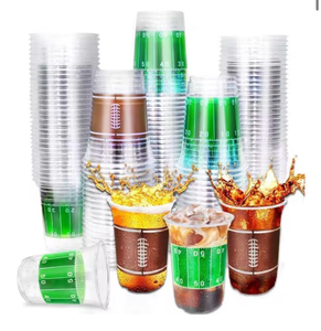 lot 3901 image: TURNMEON 100 Pcs 16 Oz Football Cups Party Decorations, Thickened Plastic Cups Football Party Supplies Tailgate Events, Disposable Clear Drinking Cup Sport Theme Party Favors - Retail $0