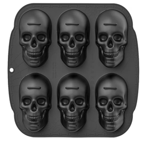 lot 3907 image: 6 Cavities Large Skull Cake Pan Silicone Mold - 3D Skull Ice Cube Mold, Halloween Silicone Molds Bpa Free for Chocolate, Jelly, Wax Melt, Ice Cubes, Gelatin and Resin - Retail $0