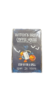 lot 3917 image: Witches Brew Coffee House Metal Sign Funny Halloween Decorations for Home Coffee Cafe Bar Kitchens Wall Decor 8x12 inch - Retail $0