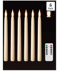lot 3923 image: SURAIELEC 10.5 Flameless Ivory Taper Candles, Battery Operated Candle with Remote, Timer, 3000K Warm White, LED Candle for Party, Christmas Decoration, 6 Pack (Rechargeable Battery Not Compatible) - Retail $0