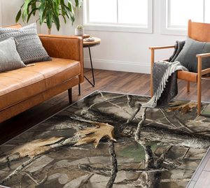 lot 3942 image: Forest Camouflage Rug 4x6 for Bedroom, Conifer Oak Tree Hunting Camo Patterned Living Room Area Rug, Forest Camouflage Room Decor, Washable Soft Thin Carpet with Non Slip Backing, 4 x 6 ft - Retail $0