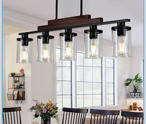 lot 3966 image: Dining Room Light FixtureChandelier Over Table,5-Light Kitchen Island Lighting Hanging for Farmhouse Linear Chandeliers Matte Black Rustic Wood Ceiling Pendant Light Fixtures with Clear Glass Shade - Retail $0