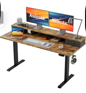 Agilestic 55 x 24 Inches Height Adjustable Electric Standing Desk with 2 Drawers, Stand Up Electric Desk Adjustable Height, Sit Stand Computer Gaming Table with Splice Board, Rustic Brown - Retail: $0