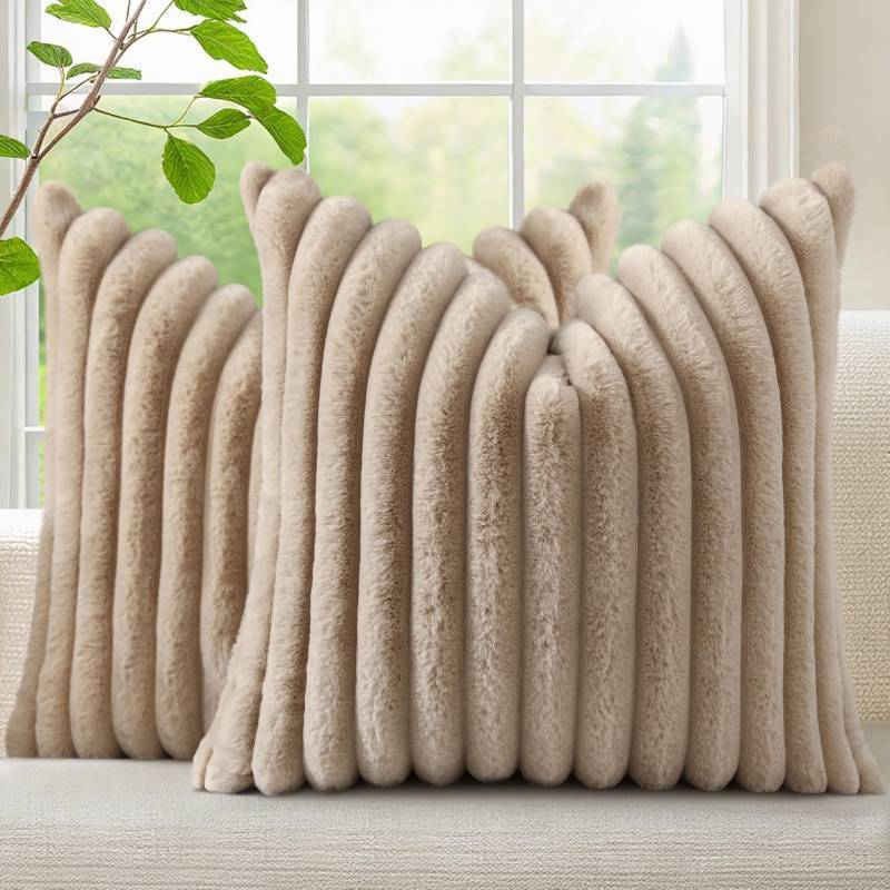 lot 16325 image: Cozy Faux Fur Throw Pillow Covers 16x16 Set of 2 Decorative Soft Plush Striped Modern Farmhouse Boho Couch Pillow Cases with Velvet Back for Sofa Bed Living Room, Khaki Brown - Retail $20