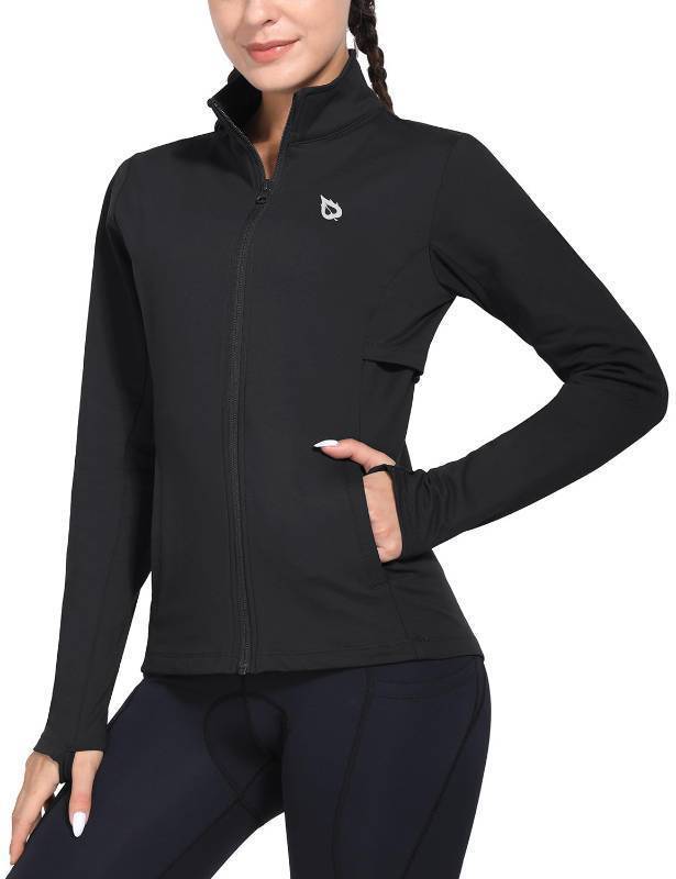 lot 16333 image: Womens Fleece Running Jacket Water Resistant Full Zip Winter Cold Weather Gear Thermal Cycling Workout Jackets Black L - Retail $32