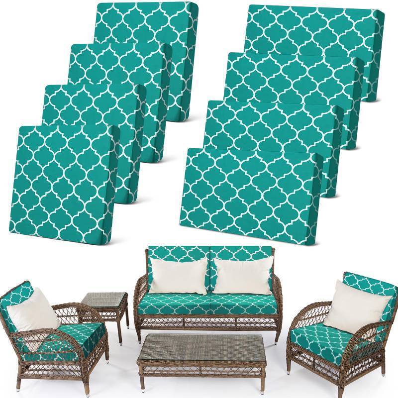 lot 16351 image: 8 Pcs Stretch Patio Outdoor Cushion Covers Waterproof Replacement Sofa Couch Covers for 4 Backrests and 4 Cushions Washable Lawn Garden Seat Furniture Protector(Peacock Blue) - Retail $40