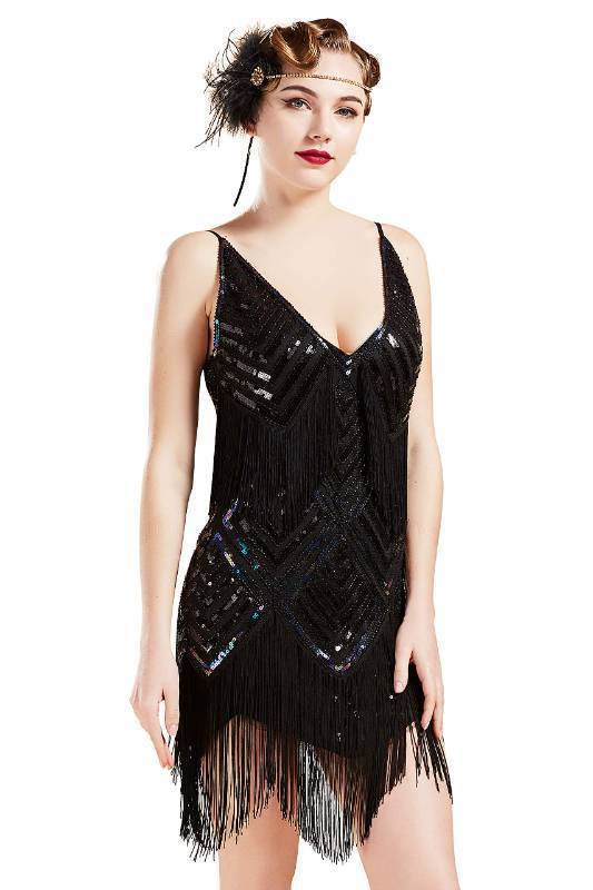 lot 16354 image: Womens 1920s Flapper Dress V Neck Slip Dress Roaring 20s Great Gatsby Dress for Party (Black, XL) - Retail $55