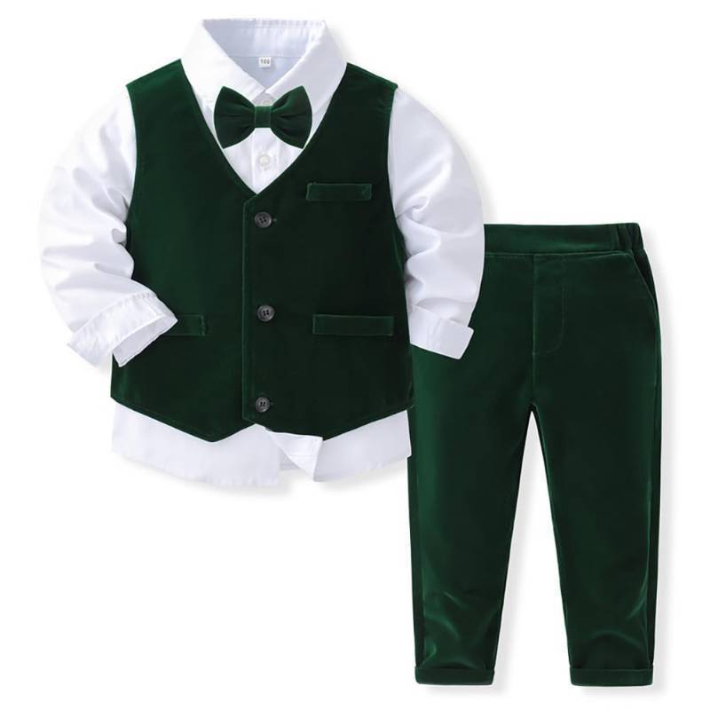 lot 16356 image: Toddler Kids Baby Boys Formal Suit Velvet Gentleman Outfits 4PCS Long Sleeve Bow Tie Shirt Vest Pants Winter Fall Casual Birthday Wedding Party Dress Clothes Set Dark Green -Vest 12-18 Months(missing bow) - Retail $44