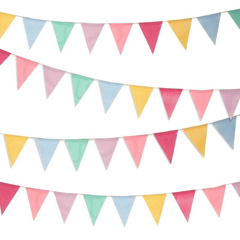 lot 16400 image: 48 Pieces 36 Feet 4.9x6.7 Inch Colorful Pennant Flags Banner Imitated Burlap Bunting Banner Triangle Flag Garland for Classroom Birthday Carnival Wedding Party and Festival Decor(Pastel Color) - Retail $13