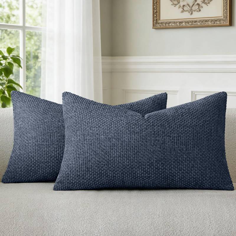 lot 16404 image: a moment Dark Blue Chenille Throw Pillow Covers 12x20 Inch Pack of 2 Modern Decorative Throw Pillow Covers Farmhouse Cross Covers Home Decor for Sofa Bedroom Living Room - Retail $16