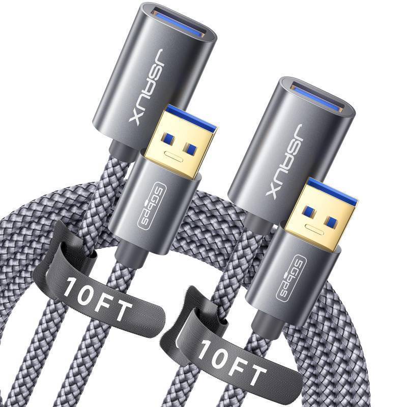 lot 16410 image: 2Pack 10FT10FT USB 3.0 Extension Cable, Type A Male to Female USB Extender Cord Nylon Braided Compatible with Webcam, Camera, Phone, USB hub, Mouse, Keyboard, Printer, Hard Drive, Xbox-Grey - Retail $10