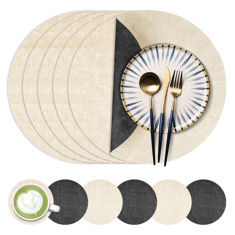 lot 16418 image: 13-Inch Faux Leather Round Placemats Set of 6, Waterproof Anti-Slip Dual Sided Place mats, Heat Resistant Washable Table Mats with Coaster, Suitable for Indoor & Outdoor (6, Black Beige) - Retail $21