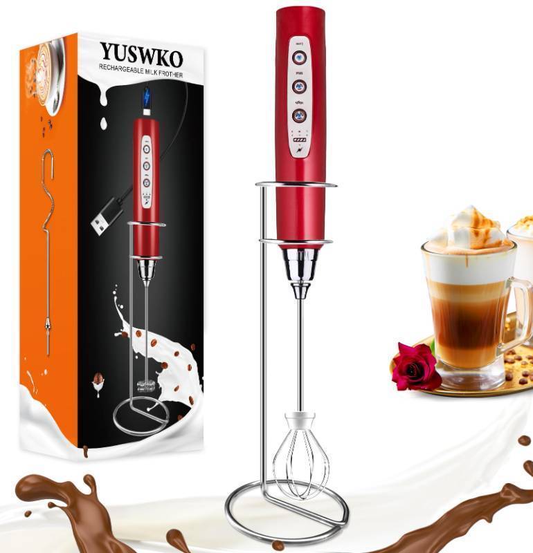 lot 16428 image: Red Rechargeable Milk Frother for Coffee with Stand, Handheld Drink Mixer with 3 Heads 3 Speeds Electric Stirrers for Latte, Cappuccino, Hot Chocolate, Egg - Retail $28