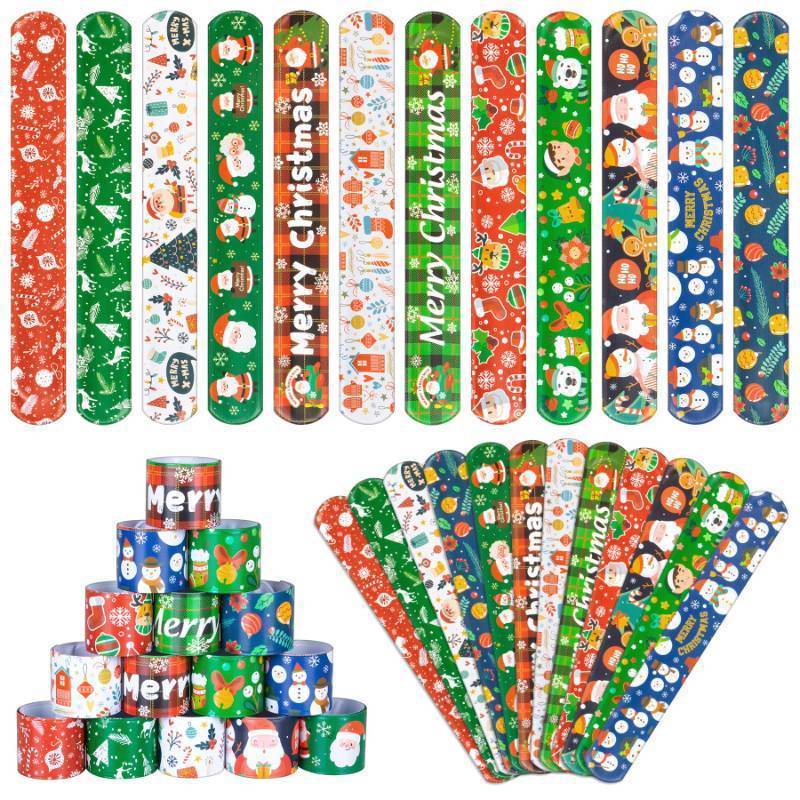 lot 16429 image: 36 Pieces Christmas Slap Bracelets for Kids, 12 Styles Colorful Christmas Slap Wristbands Bulk for Kids Xmas Party Favors Toys Prizes Goodie Bags Fillers - Retail $7