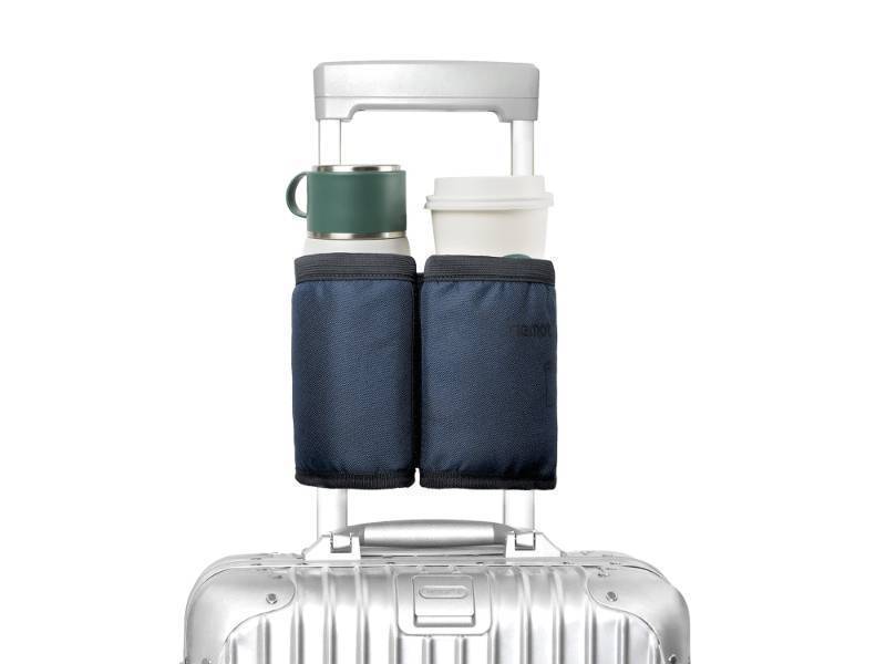 lot 16464 image: Luggage Travel Cup Holder Free Hand Drink Carrier - Hold Two Coffee Mugs - Fits Roll on Suitcase Handles - Gifts for Flight Attendants Travelers Accessories Navy Blue - Retail $9