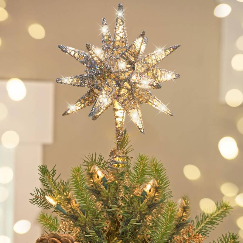 lot 16497 image: Christmas Tree Topper, 3D Starburst Lighted Tree Topper, Plug in Christmas Star with Timer, Light Up Xmas VintageModern Decorations for Holiday, Silver - Retail $43