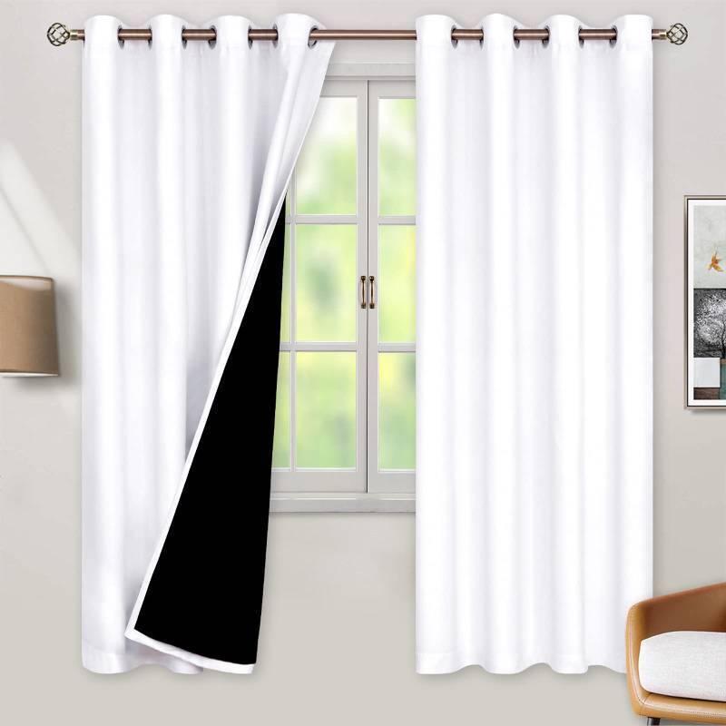 lot 16502 image: Thermal Insulated 100% Blackout Curtains for Bedroom with Black Liner, Double Layer Full Room Darkening Noise Reducing Grommet Curtain (52 x 72 Inch, Pure White, 2 Panels) - Retail $46