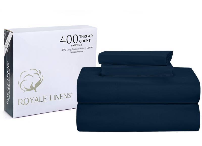 lot 16504 image: ROYALE LINENS 400 Thread Count 100% American Grown Cotton 4 Piece Sateen Full Sheet Set - 1 Fitted Sheet, 1 Flat Sheet, 2 Pillow case - Navy Full Bedsheet - Cotton Sheets - (Full, Rivera Navy) - Retail $33