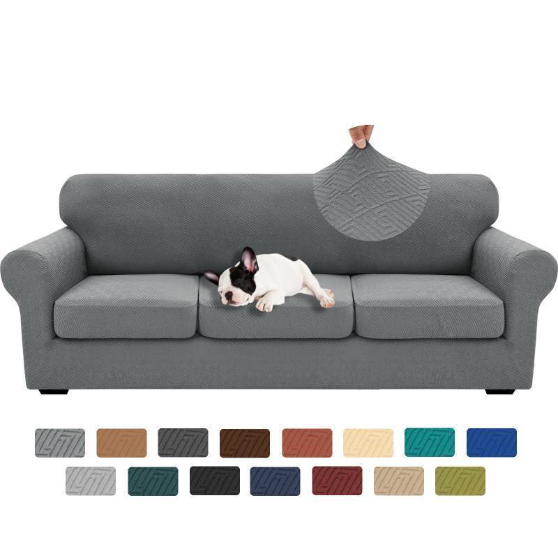 lot 16507 image: 4 Pieces Extra Large Couch Covers for 3 Cushion Sofa Super Stretch Sofa Cover for 3 Large Seat Cushion Universal Slip Cover for Living Room (Light Gray), 91-110(3 Cushions) - Retail $37