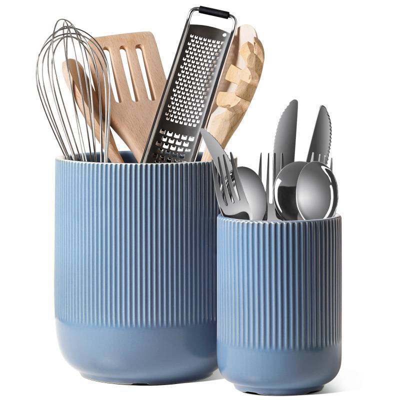 lot 16515 image: LE TAUCI Utensil Holder for Kitchen Counter, 7.35.4 Fluted Ceramic Utensil Crock Organizer for Countertop, Heavy Large Holder for Spatulas, Spoons, Set of 2, Dusty Blue - Retail $30
