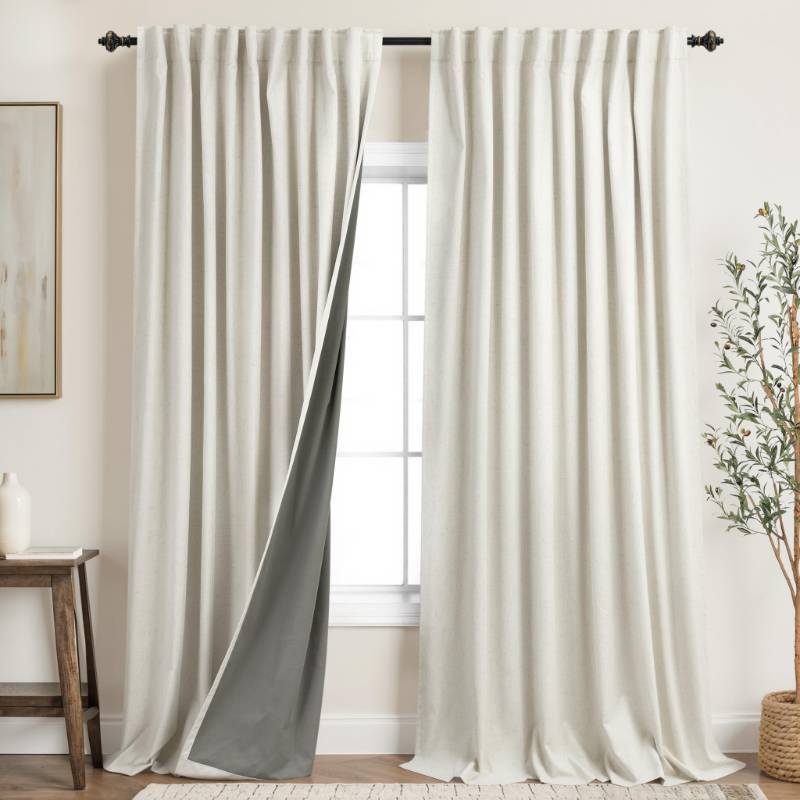 lot 16529 image: Extra Wide Linen Black Out Curtains Drapes 96 Inch Long 2 Panels Set Pleated Thermal Blackout Boho Modern Farmhouse 8FT Floor to Ceiling Curtains for Living Room 70 x 96 by Size - Retail $48