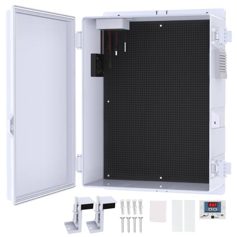 lot 16532 image: Outdoor Electrical Box, Waterproof Electrical Junction Box IP65 ABS Plastic Enclosure with Fan & Thermostat, Mounting Plate and Hinged Lid (15.7 H x 11 L x 5.9 W) - Retail $60