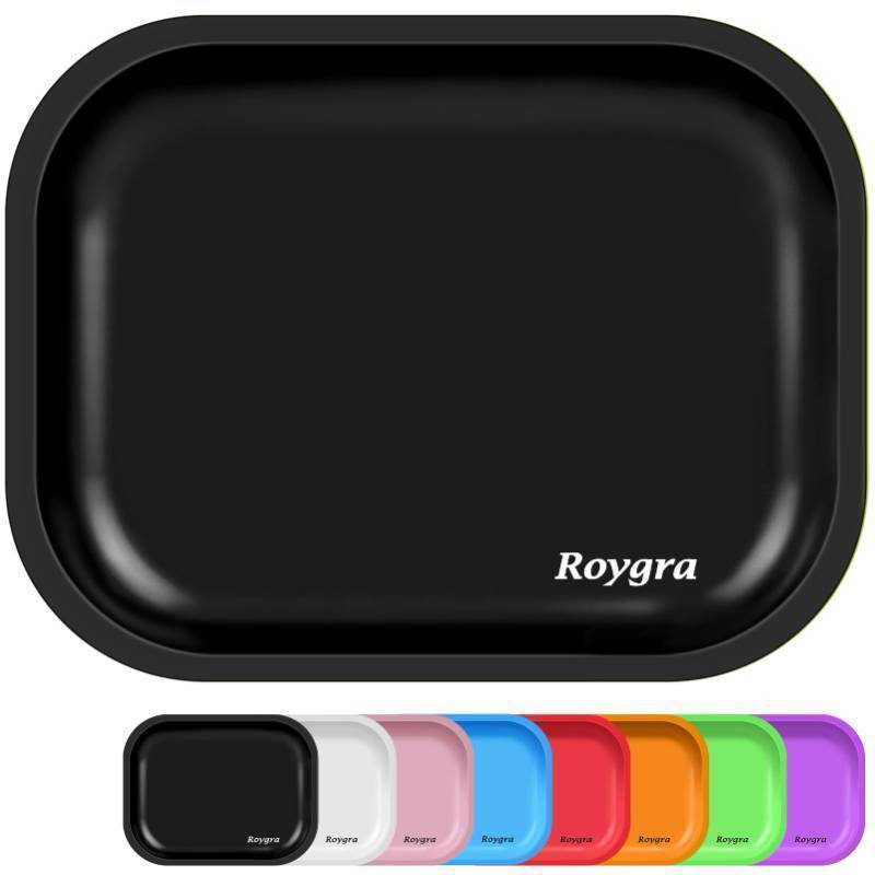 lot 25853 image: Rolling Tray, Small Metal Tray, Cigarette Pre Roll Smoking Accessories, Portable Matte Rolling Trays for Smokers, Home Table Decor, Patio Decorations, 7 x 5.5 inch - Black - Retail $6