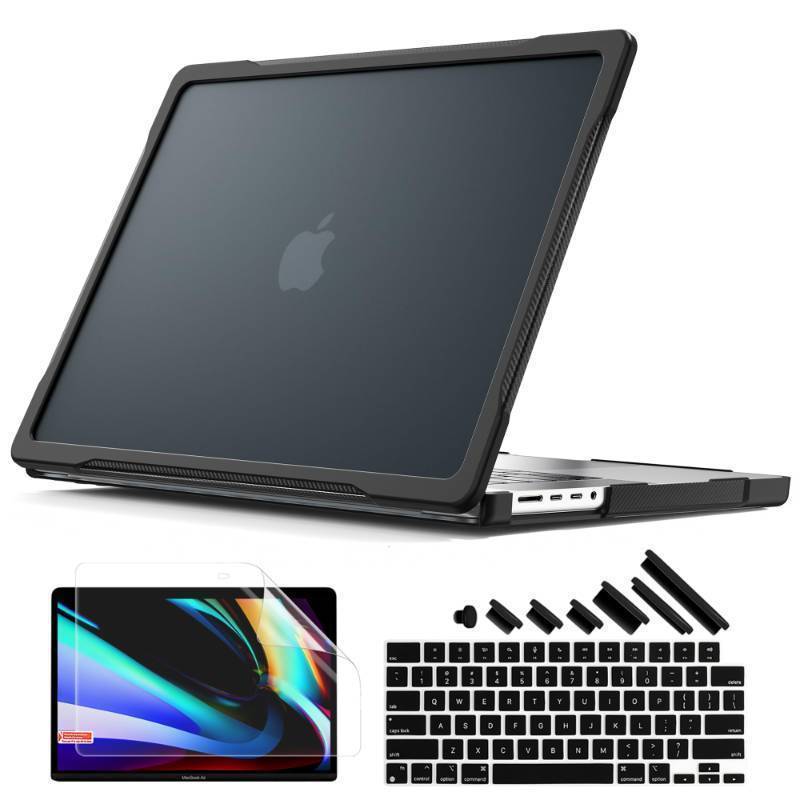 lot 25942 image: Ultimate Protection Case for New MacBook Pro 14 inch 2025 M5 M4 M3 Pro Max Chip Matte Translucent Rugged Armor Shell with Shockproof Carbon Fiber Edges Keyboard Cover, Anti-Fingerprint Black - Retail $33