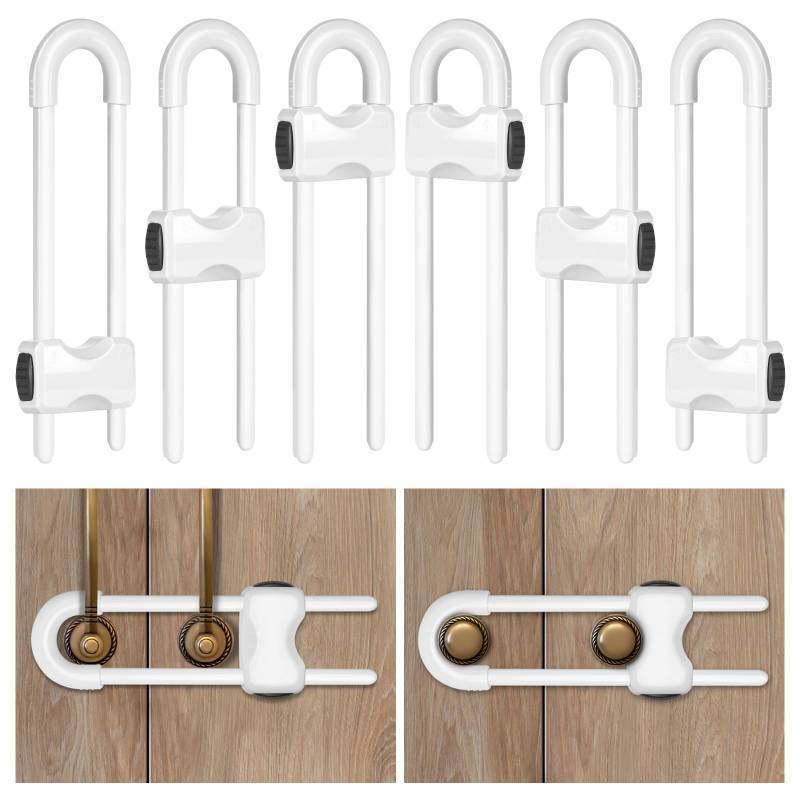 lot 25952 image: Cabinet Locks Baby Proofing, Child Proof Cabinet Locks,6 Pack Adjustable U Shaped Baby Proofing Cabinets, Child Locks for Cabinets and Drawers (White) - Retail $7