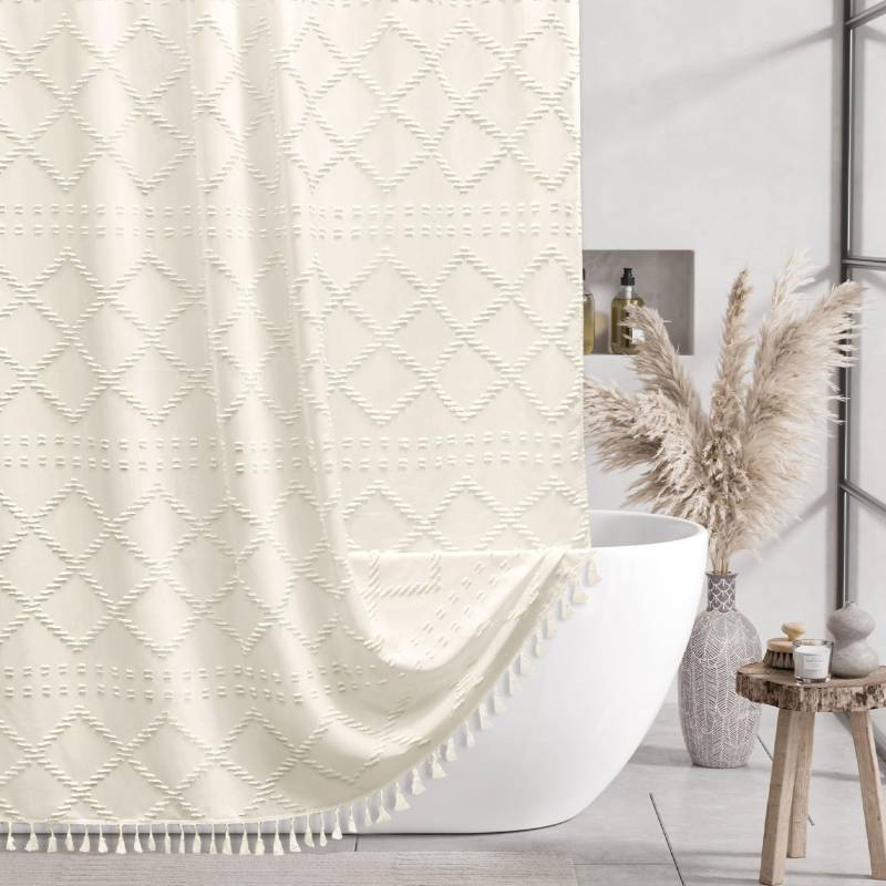 lot 26096 image: Cream Boho Woven Fabric Shower Curtain, 72 x 72 Tufted Chevron Textured Striped Modern Farmhouse Minimalist Cloth Curtain for Bathroom - Retail $22