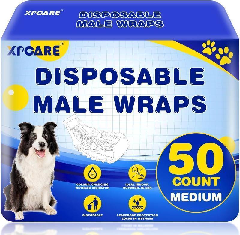 lot 44724 image: XPCARE 50 Count Disposable Male Dog Diapers, Male Dog Wraps, Super Absorbent Leak-Proof Fit (Medium) - Retail $26