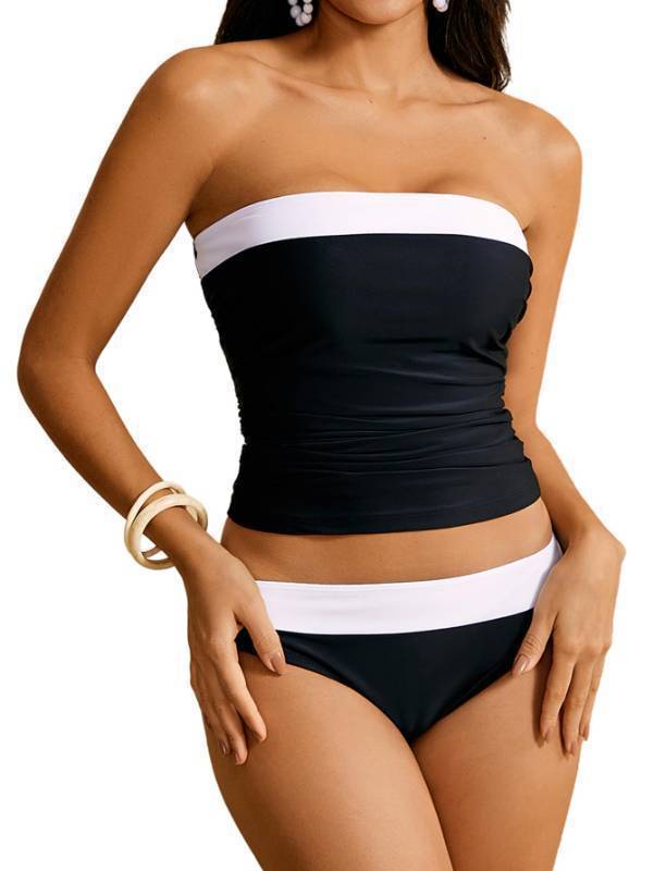 lot 44807 image: Womens 2 Piece Color Block Tankini Set Bandeau Strapless Ruched Bathing Swimsuit L - Retail $35