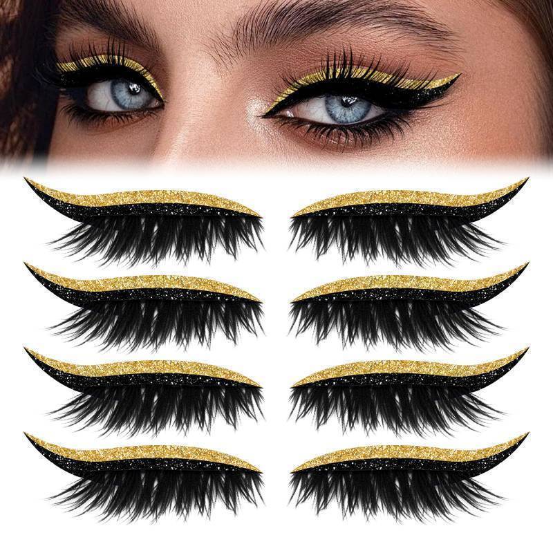 lot 54576 image: 4Pcs Lazy Eye Shadow Eyelash Patch,3-in-1 Eyeshadow & Eyelash Makeup Stickers, Colorful Eyelash Makeup Stickers with False Lashes Shadow & Eyeliner, Makeup Stencils Sticker for All Eye Shapes (Gold) - Retail $10