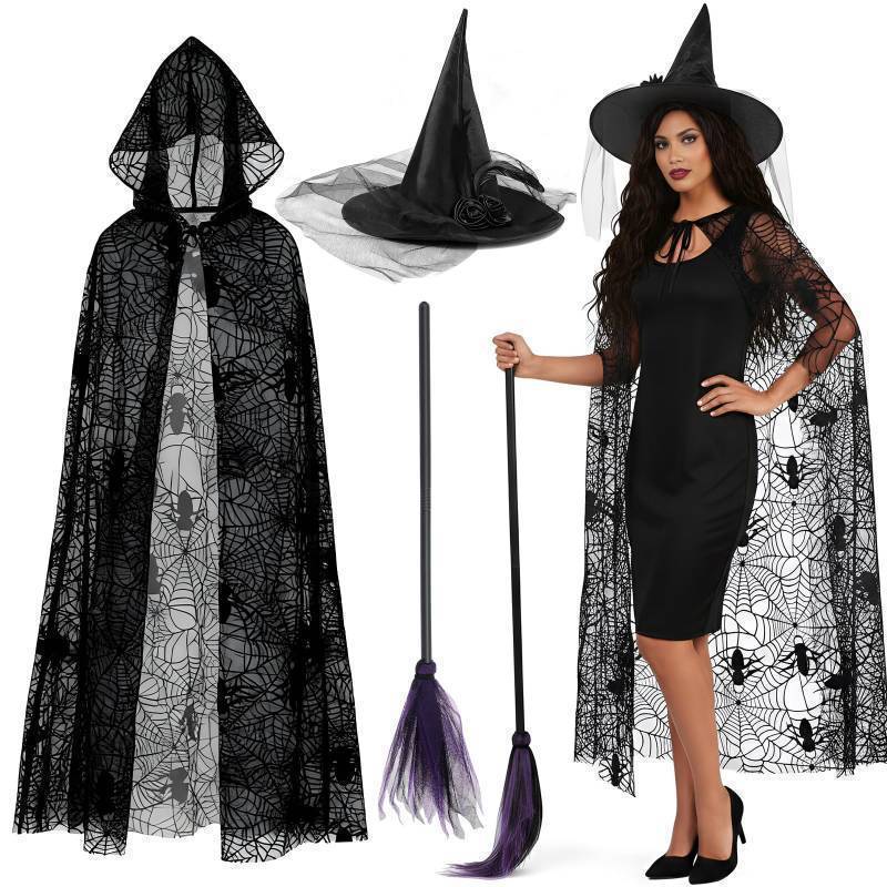 lot 54859 image: 3 Pcs Witch Costume for Women, Hooded Spider Web Cape Witch Hat One Side Veils Witches Broom for Halloween Party Black, Purple - Retail $36