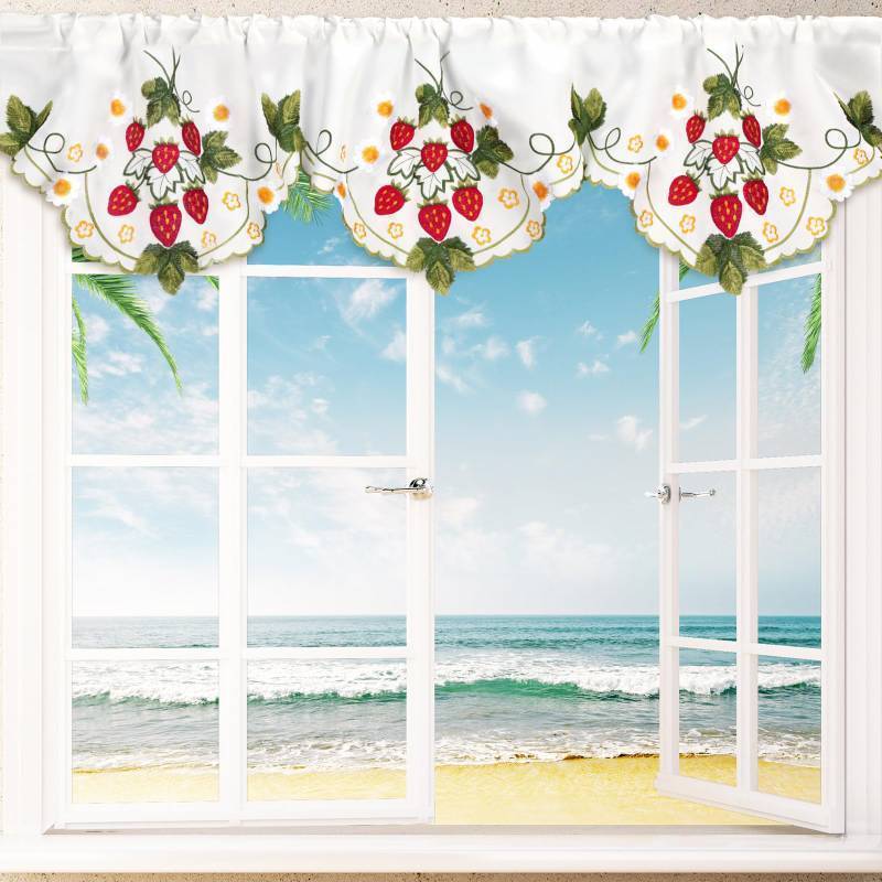 lot 72153 image: Embroidered Summer Strawberry Kitchen Curtains Valances 58 x 15 Inch Red Strawberry Window Treatment Valance Fruit Flower Leaf Curtain for Bedroom Bathroom Living Room Decor - Retail $16