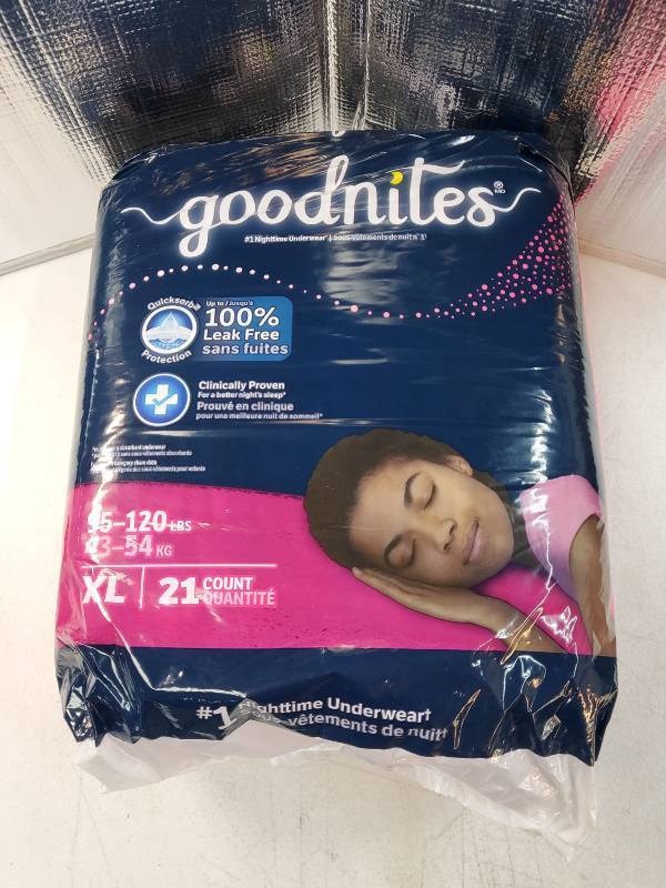 lot 45749 image: Goodnites Girls Nighttime Bedwetting Underwear, Size Extra Large (95-120 lbs) 21 Count. - Retail $25