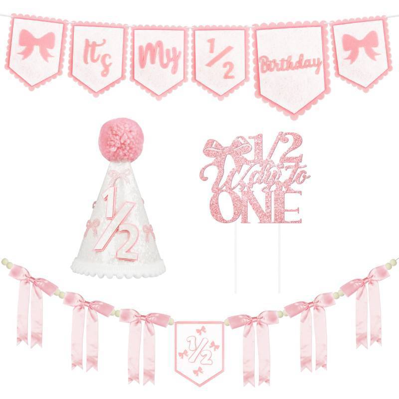 lot 45726 image: 12 Birthday Girl Half Birthday Decorations Pink Bow Its My 12 Birth Banner Glitter Cake Topper Ribbon Bow Wood Bead High Chair Banner & Cone Hat 6 Months birthday Decorations Party Supplies (Pink) - Retail $18