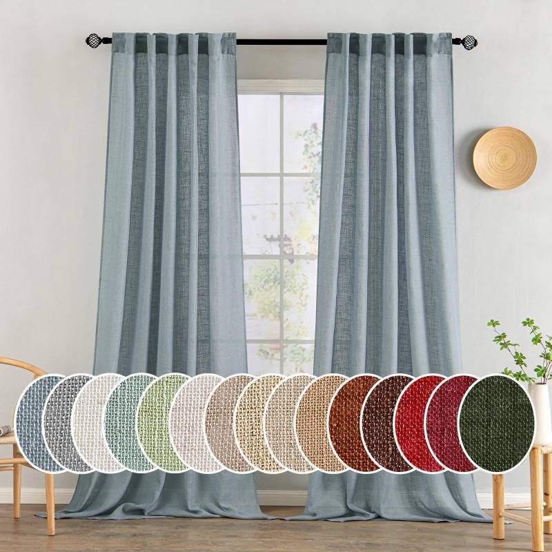 lot 45745 image: Dusty Blue Linen Curtains 96 Inch Long 2 Panels for Bedroom Living Room, Soft Thick Linen Textured Window Drapes Semi Sheer Light Filtering Rod Pocket Back Tab Light Blue Burlap Look Decor - Retail $40