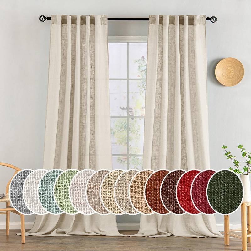 lot 45747 image: Beige Linen Curtains 90 Inch Long 2 Panels for Bedroom Living Room, Soft Linen Textured Window Drapes Semi Sheer Light Filtering Back Tab Rod Pocket Farmhouse Modern Burlap Look Decor - Retail $39