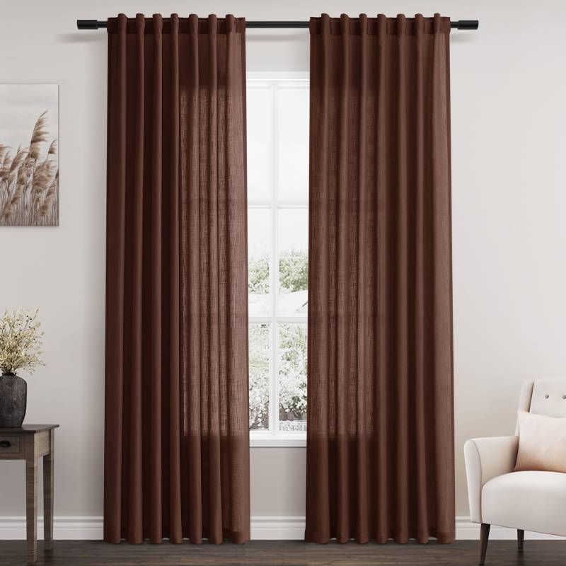 lot 45748 image: Rustic Brown Linen Curtains 84 Inch Length 2 Panels Set for Living Room Rod Pocket Back Tab Light Filtering Window Drapes for Bedroom Dining Room Protect Privacy Modern Farmhouse Decor 52x84 - Retail $40