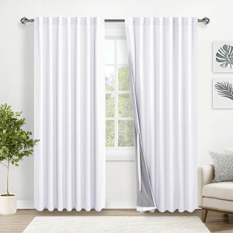 lot 45737 image: Total Blackout Curtains 84 Inches Long - Double Layer Full Room Darkening & Energy Efficiency Rod Pocket & Back Tab Extra Wide Window Panels with Tiebacks, White, W60 x L84, Set of 2. Needs to be Washed. - Retail $47