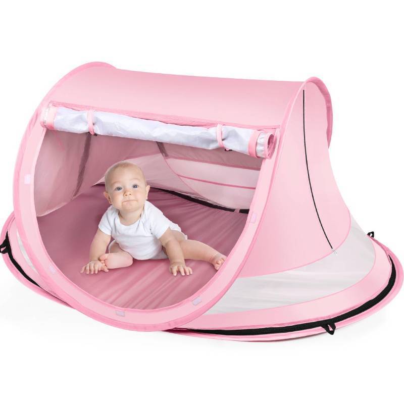 lot 45740 image: Baby Beach Tent, Large Pop Up Beach Tent Sun Shade with Mosquito Net, UPF 50 UV Protection Sun Shelter (Pink) - Retail $40