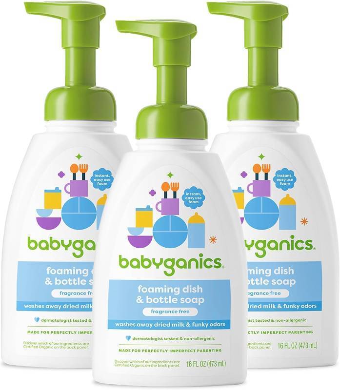 lot 45750 image: Babyganics Foaming Dish Soap, Pump Bottle, Fragrance Free, 16oz, 3 Pack - Retail $15